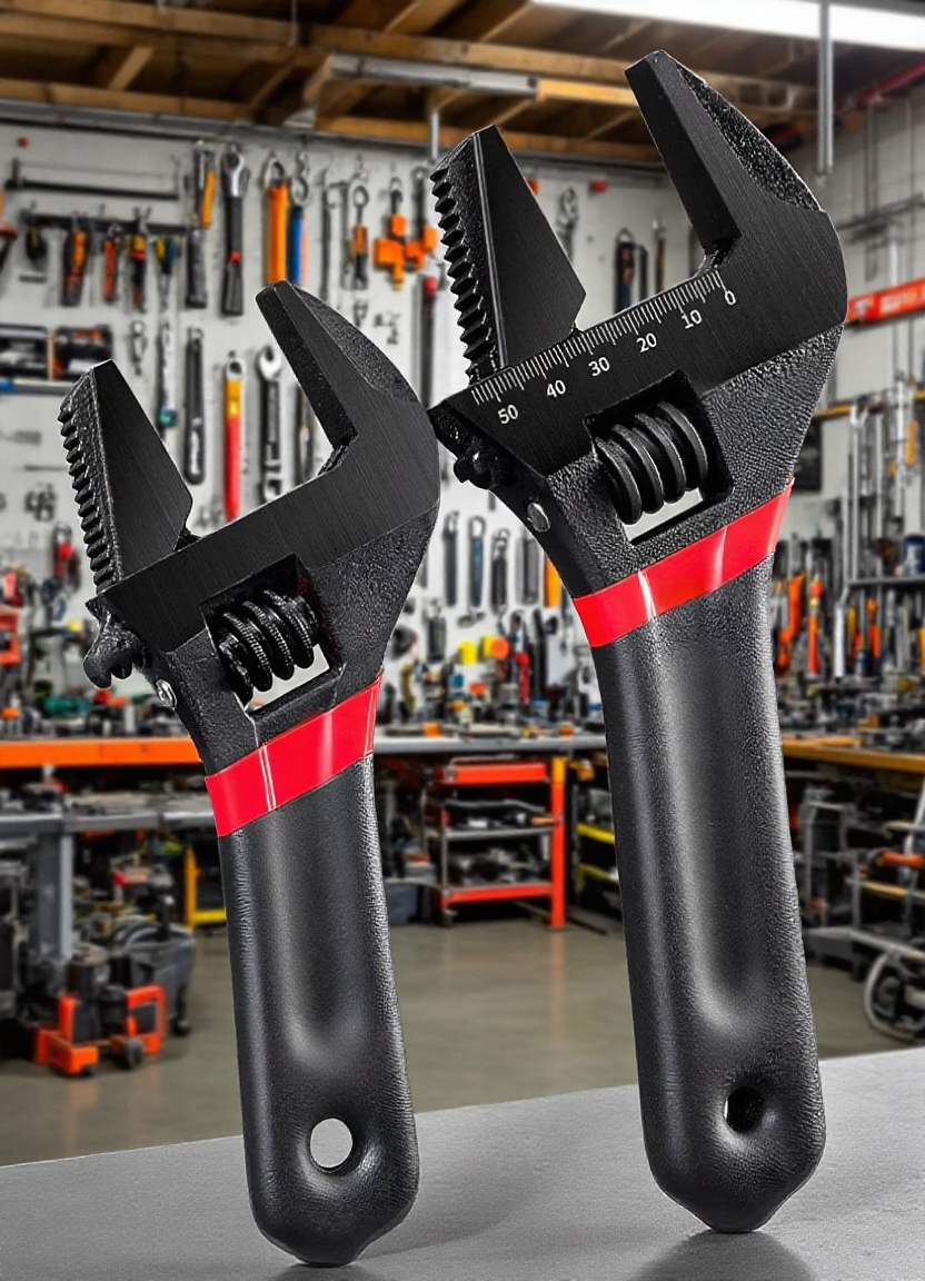 Large opening adjustable wrench with wide jaw