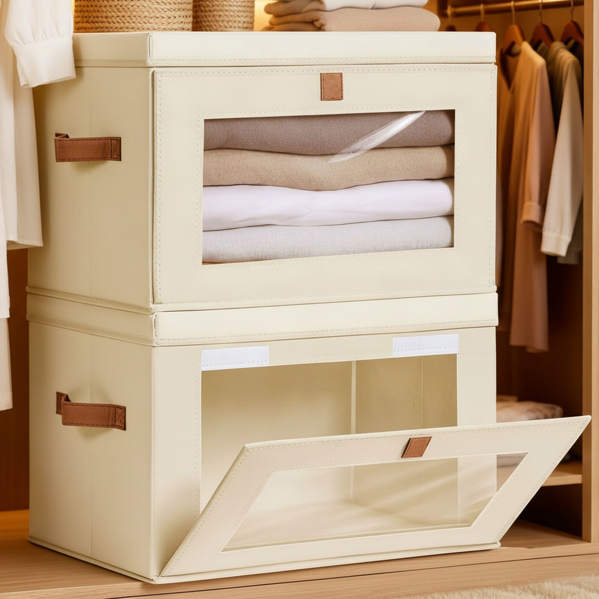 Folding Storage Box with Lid and Transparent Side Window, Wardrobe Organizer