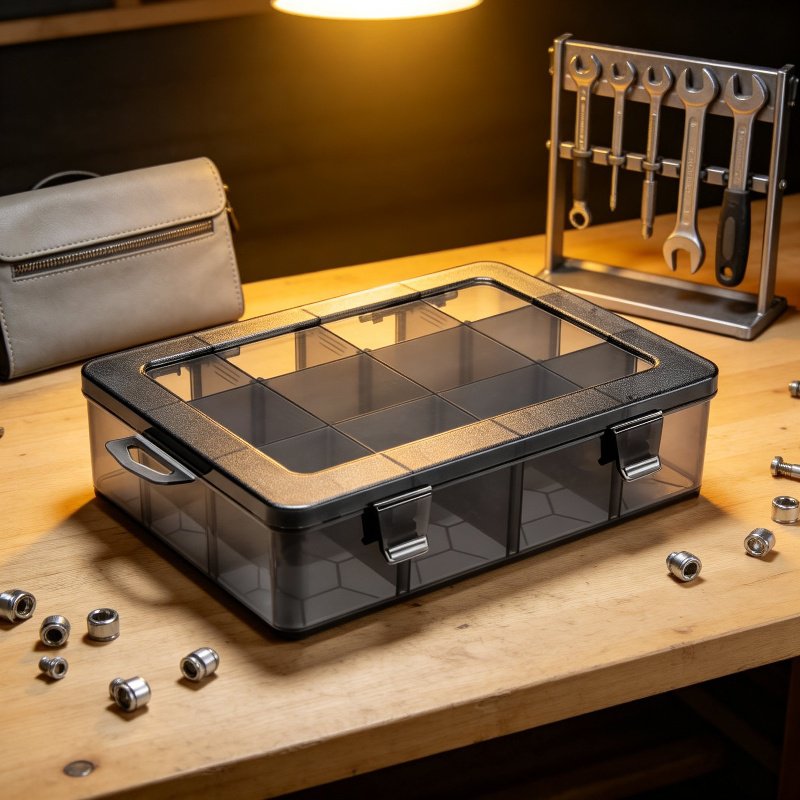 Caja de plástico transparente con rejilla ajustable