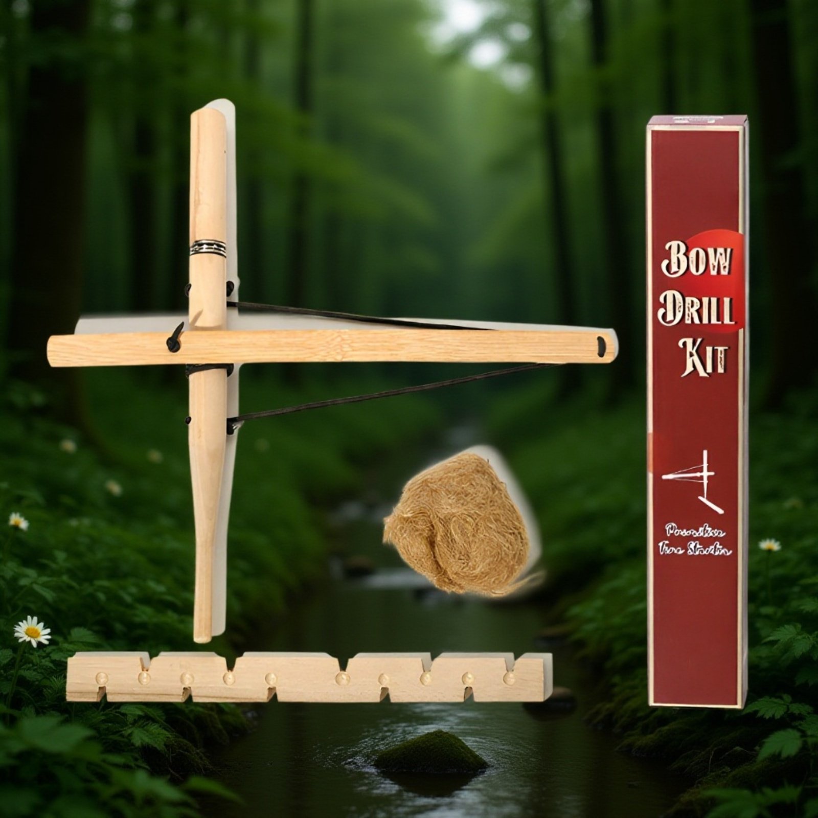 木材の摩擦で火種を作る様子