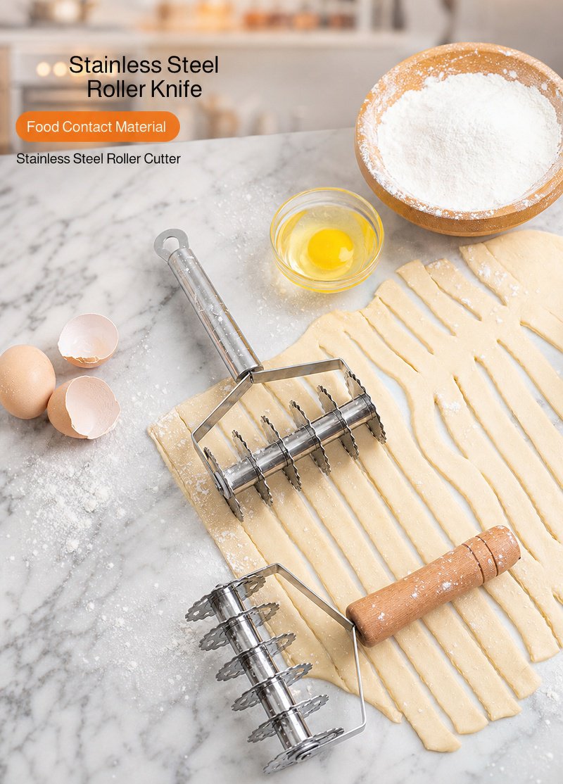 Stainless steel bread slicing knife on wooden cutting board