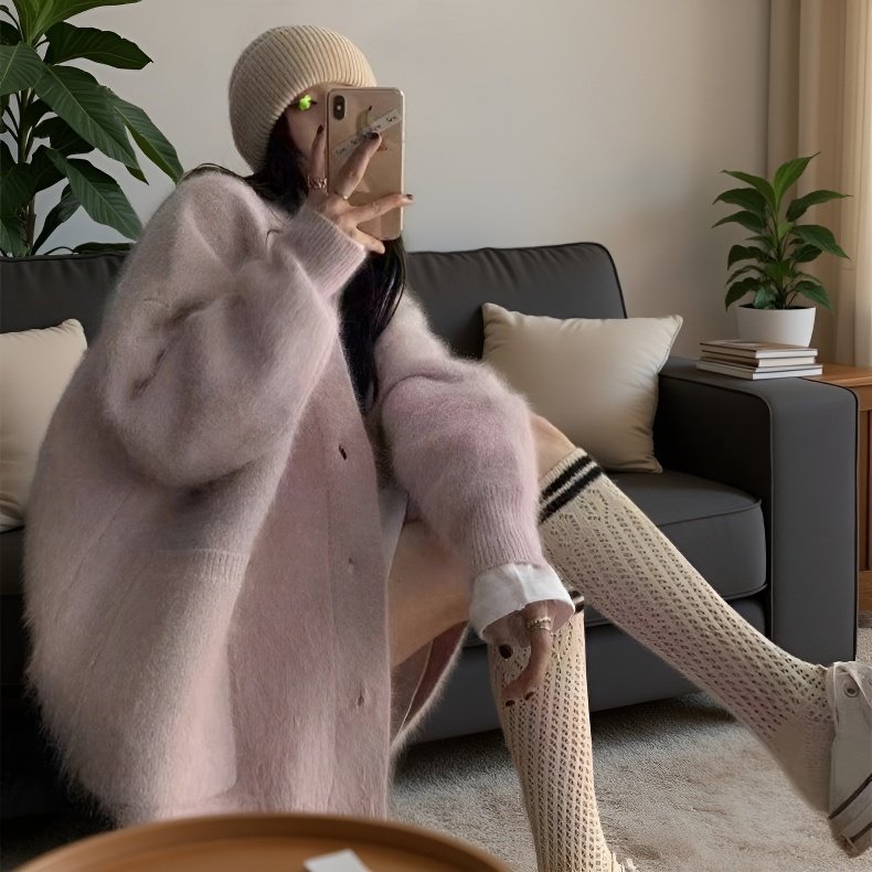 秋冬新作ゆったりニットカーディガン着用例