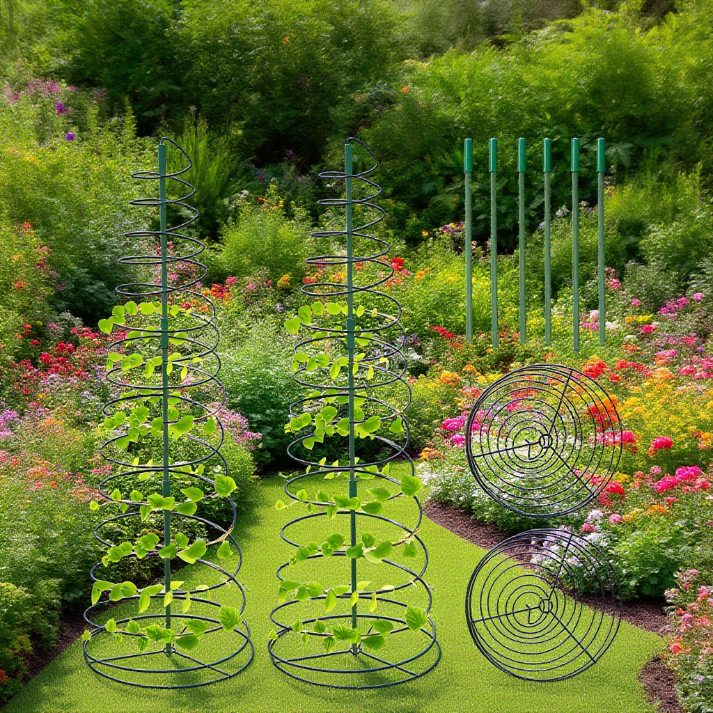 Kertben elhelyezett spirális növénytámasz