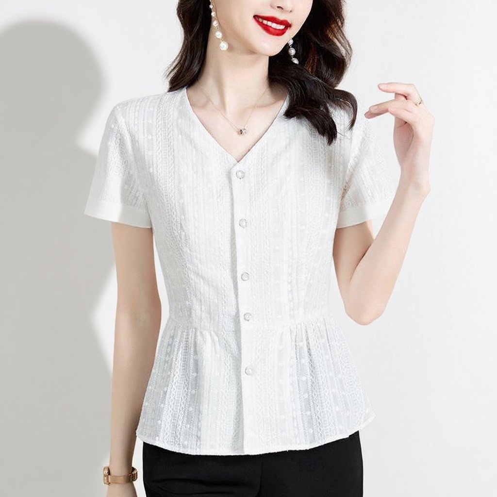 여름 신상 패셔너블하게 배를 가리는 중년 엄마 허리띠를 줄여 날씬해 보이는 블라우스녀