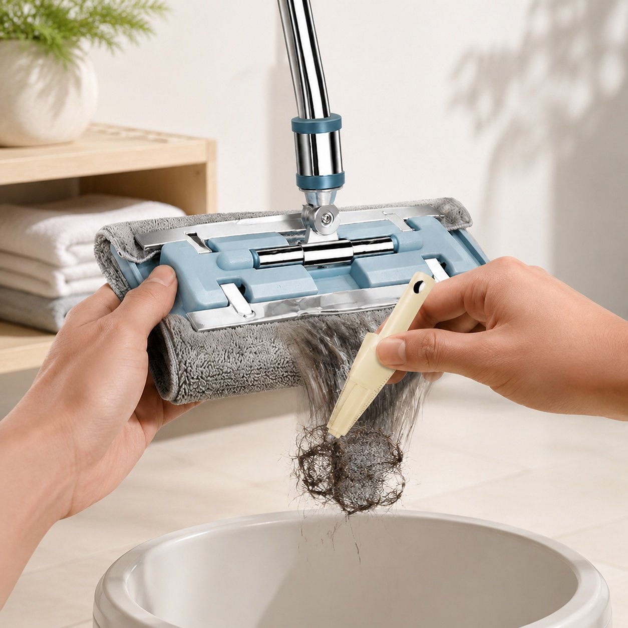 Mess-free cleaning using stainless steel self-wringing mop