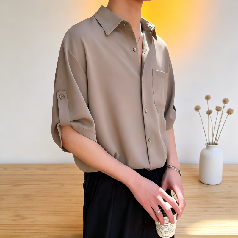 여름용 남성 아이스 실크 7부 소매 셔츠