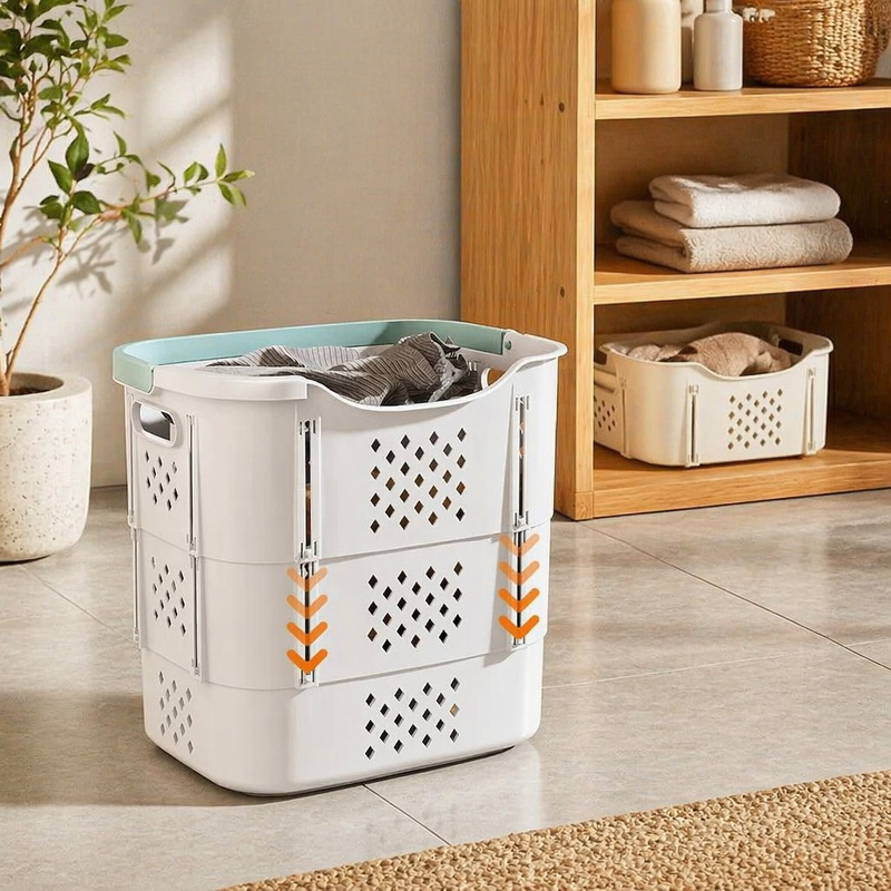 Foldable household clothing organizer basket in closet
