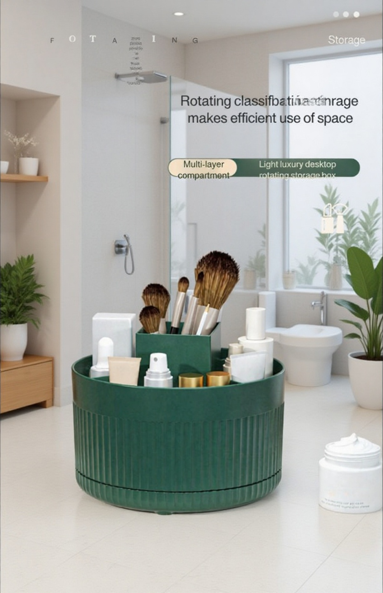 Rotating desktop cosmetic organizer shelf with makeup brushes