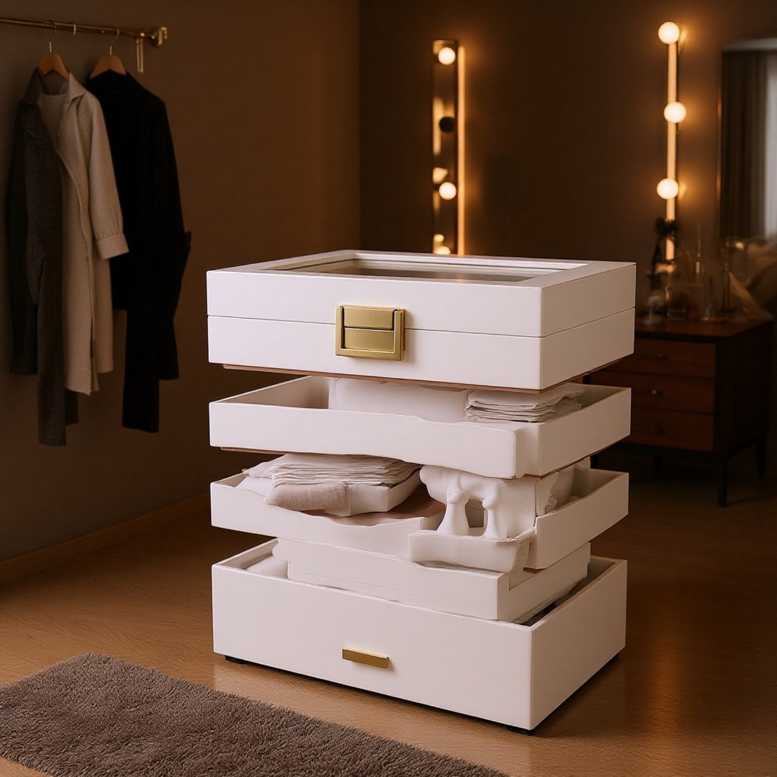 大容量のジュエリーボックス、多層スタッキングトレイ、リング、ネックレス、時計、ジュエリー収納ボックス