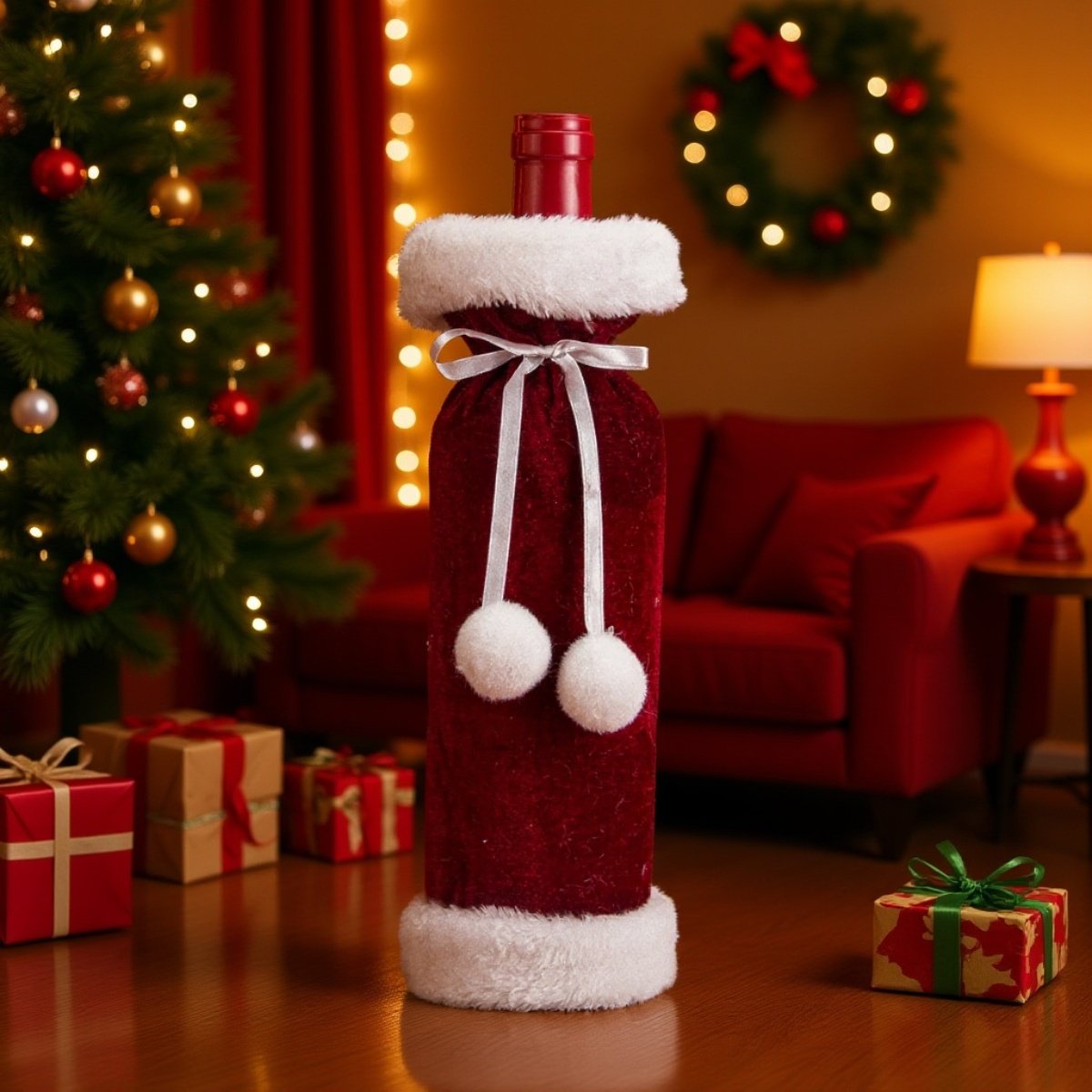 حقيبة زجاجة النبيذ مزينة بزخارف عيد الميلاد