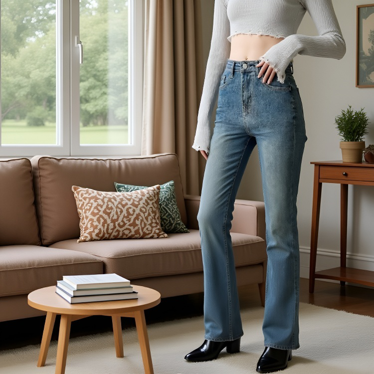 여성 하이웨스트 조거 스판 슬림핏 데님 팬츠 봄 퍼플레어 데님 팬츠