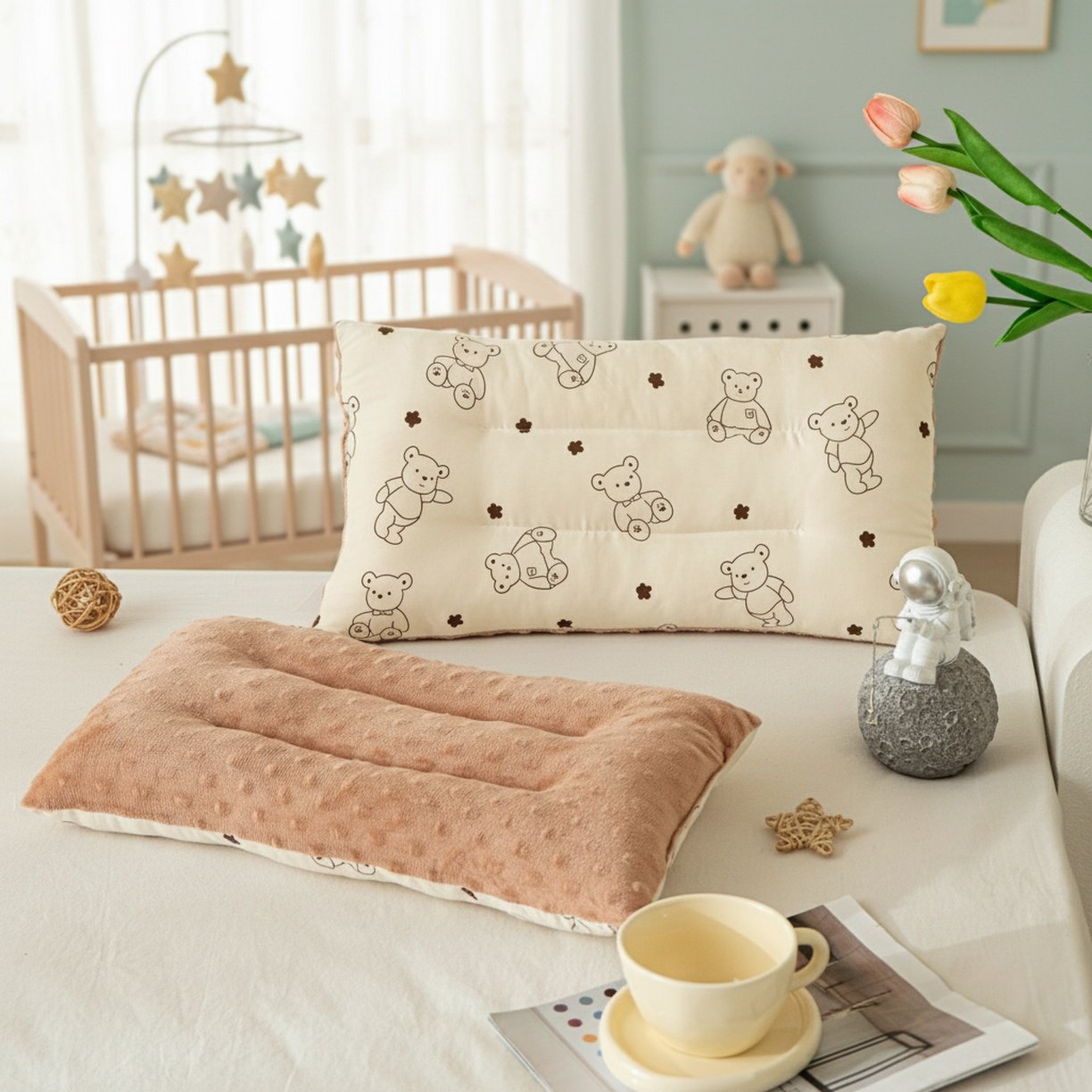 Newborn baby resting on natural cotton pillow