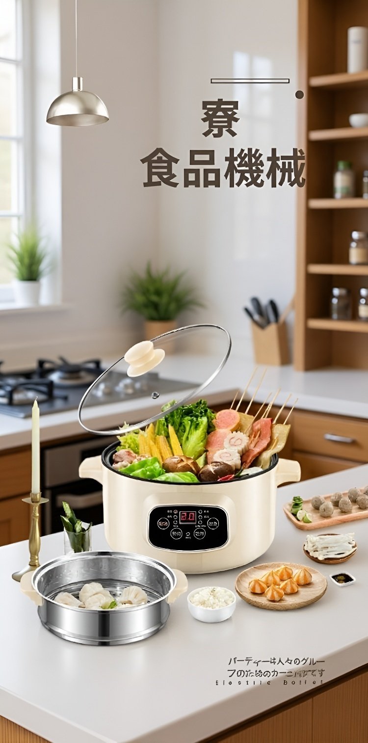 電気鍋で炒め物を調理するシーン