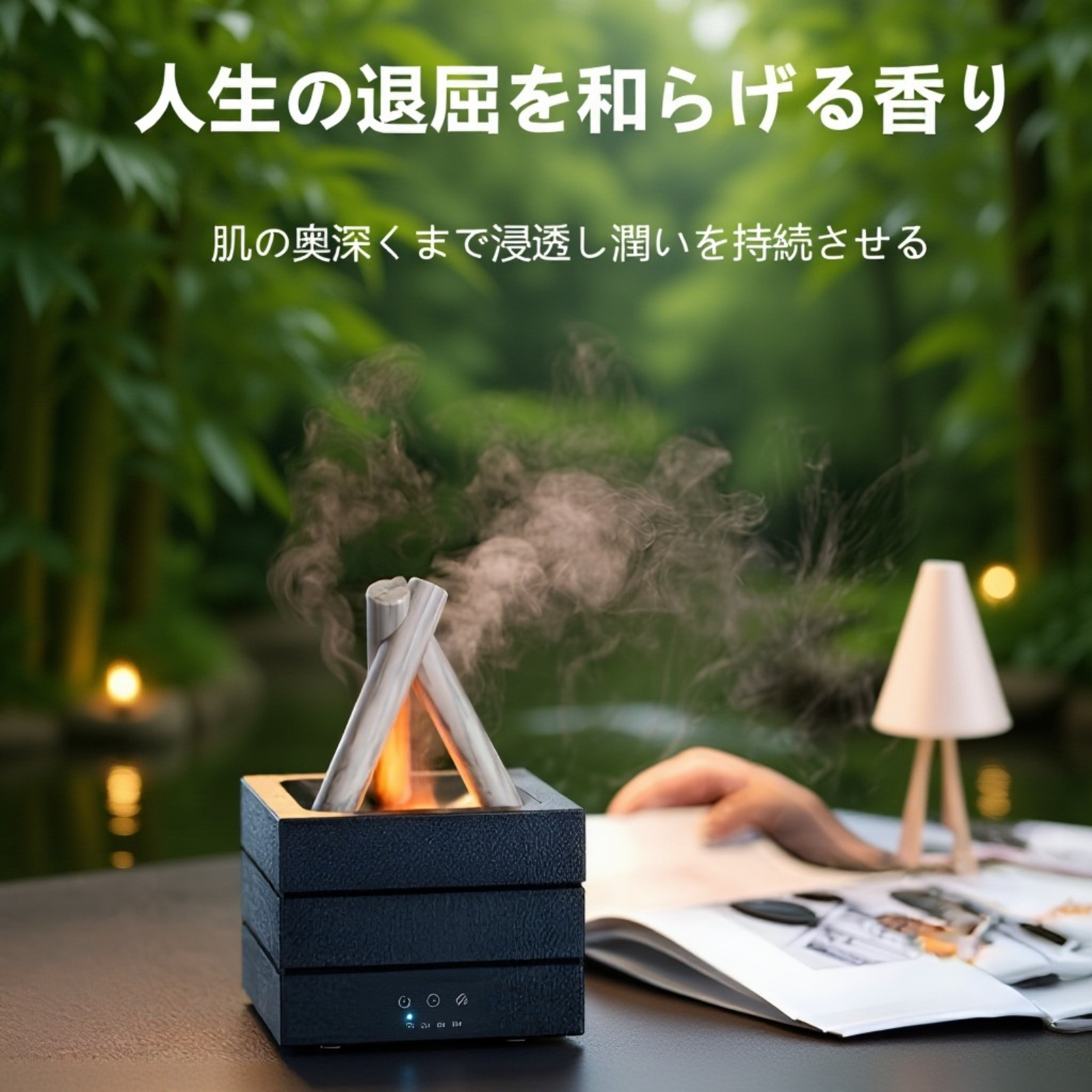 幻想的な炎ライトが点灯した加湿器