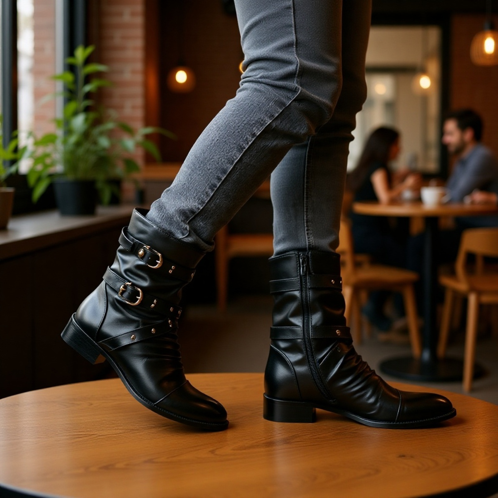 トレンドマーティンブーツ 中筒スタイリッシュ裏起毛保温レザーブーツ メンズ