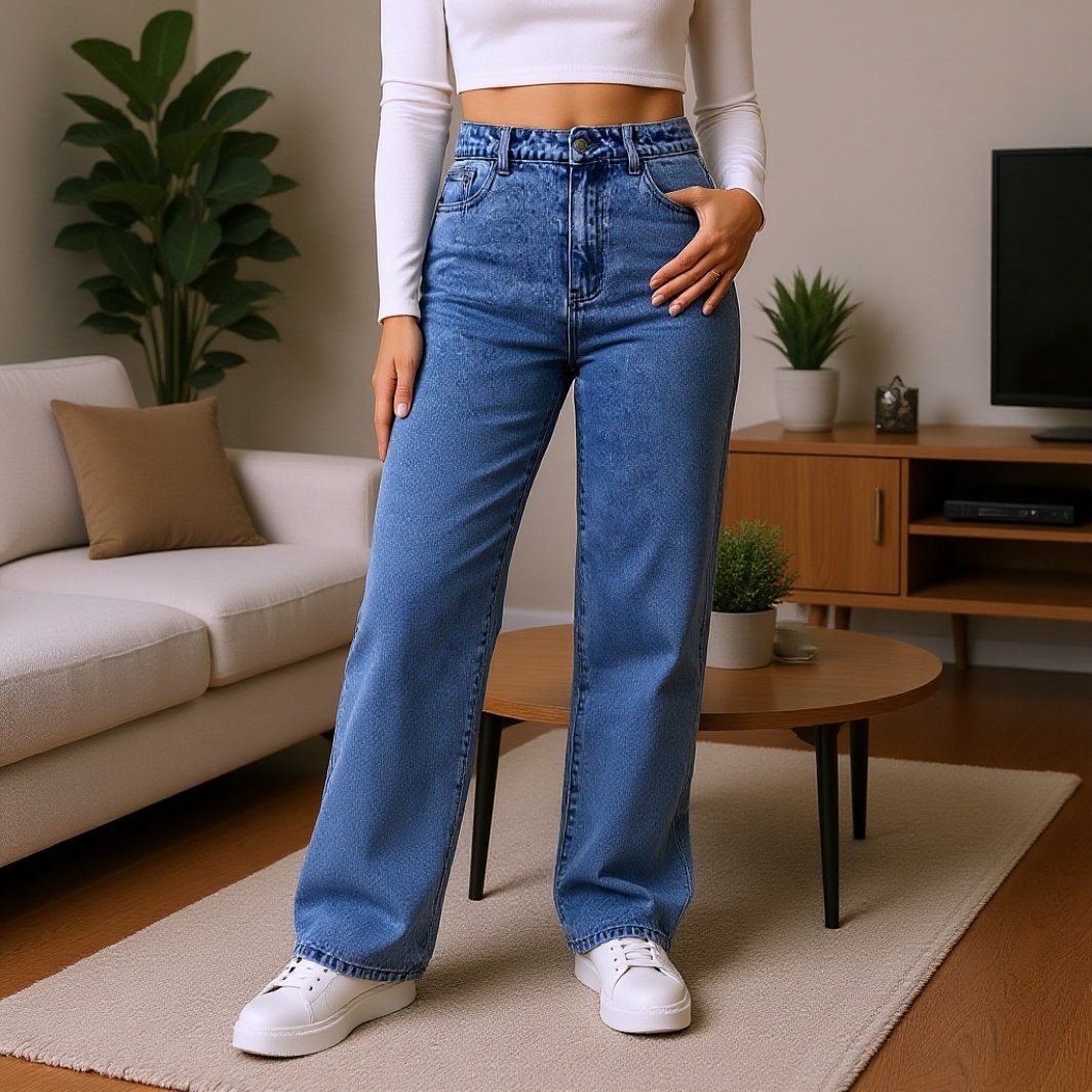 بنطلون جينز نسائي مستقيم ضيق بخصر مرتفع
