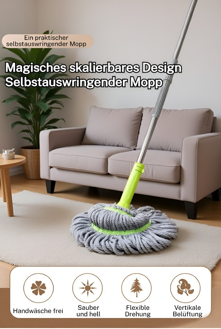 Mikrofaser-Selbstwringender Drehmopp mit Eimer auf Fliesenboden