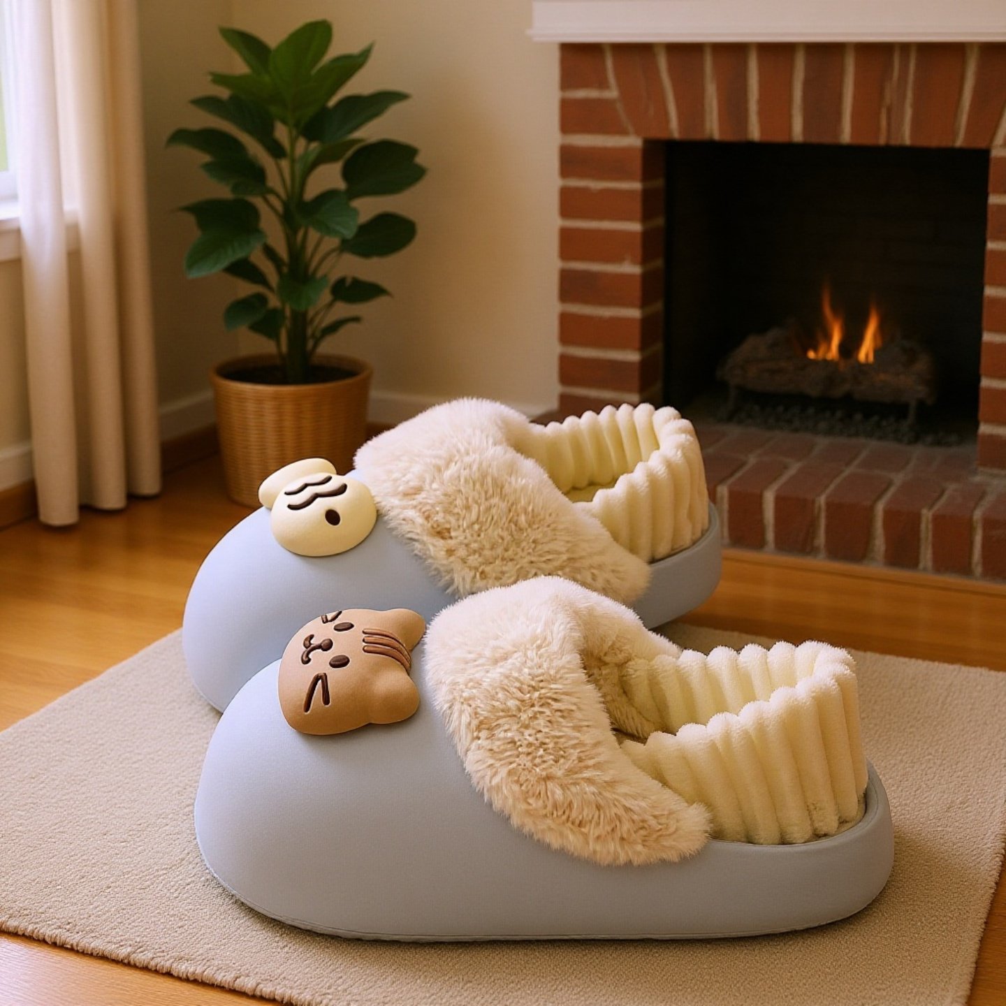 猫デザインのモコモコスリッパ正面画像