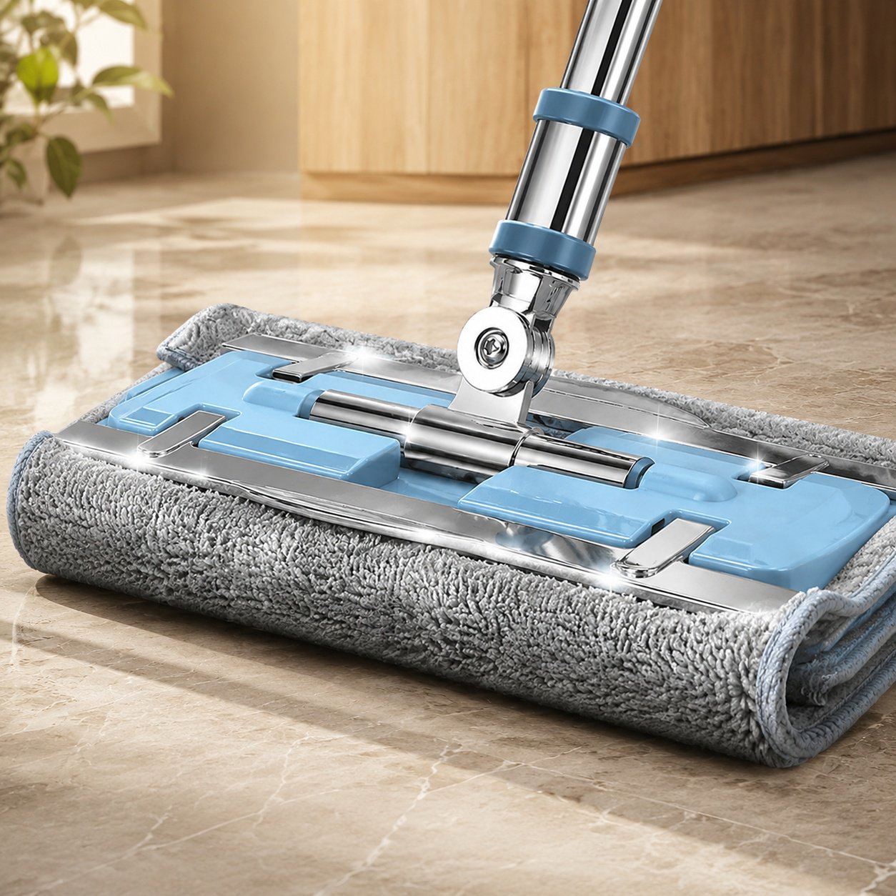 Stainless steel self-wringing mop with cleaning cloth on white background
