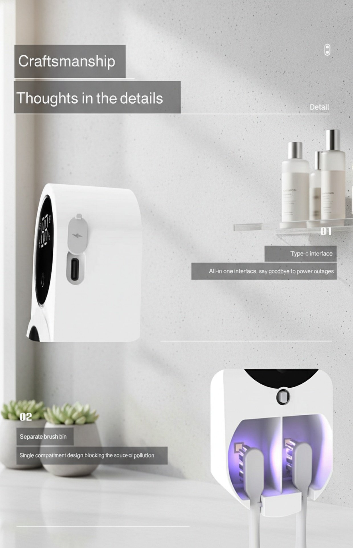 No-drill easy stick-on toothbrush holder with UV light