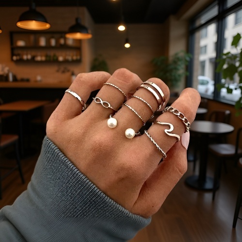 28dílná sada prstenů s diamantem, srdcem a vlnovým vzorem, zlatý geometrický styl