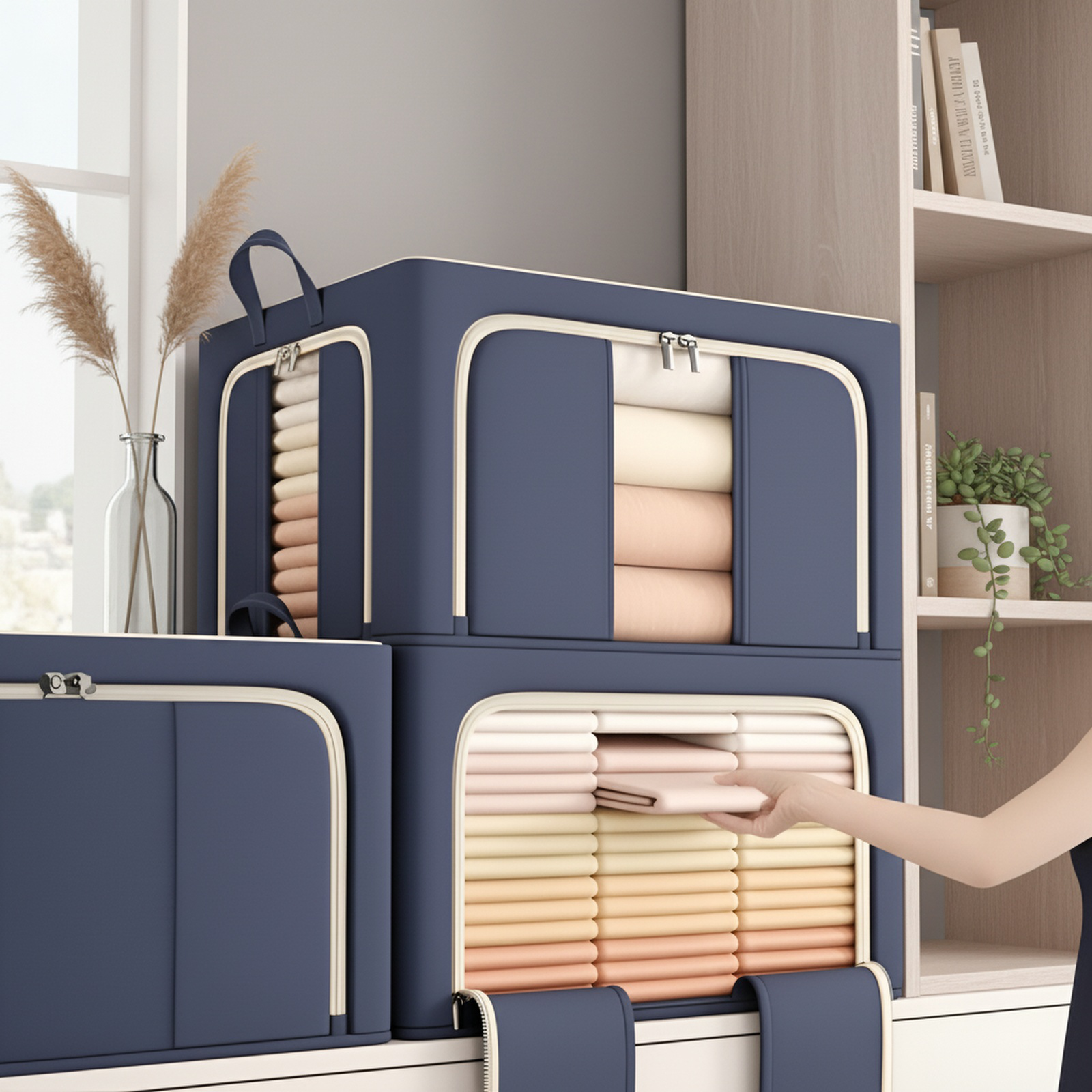 Dreiseitig zu öffnende faltbare Aufbewahrungsbox mit Stahlrahmen, ideal für Futons