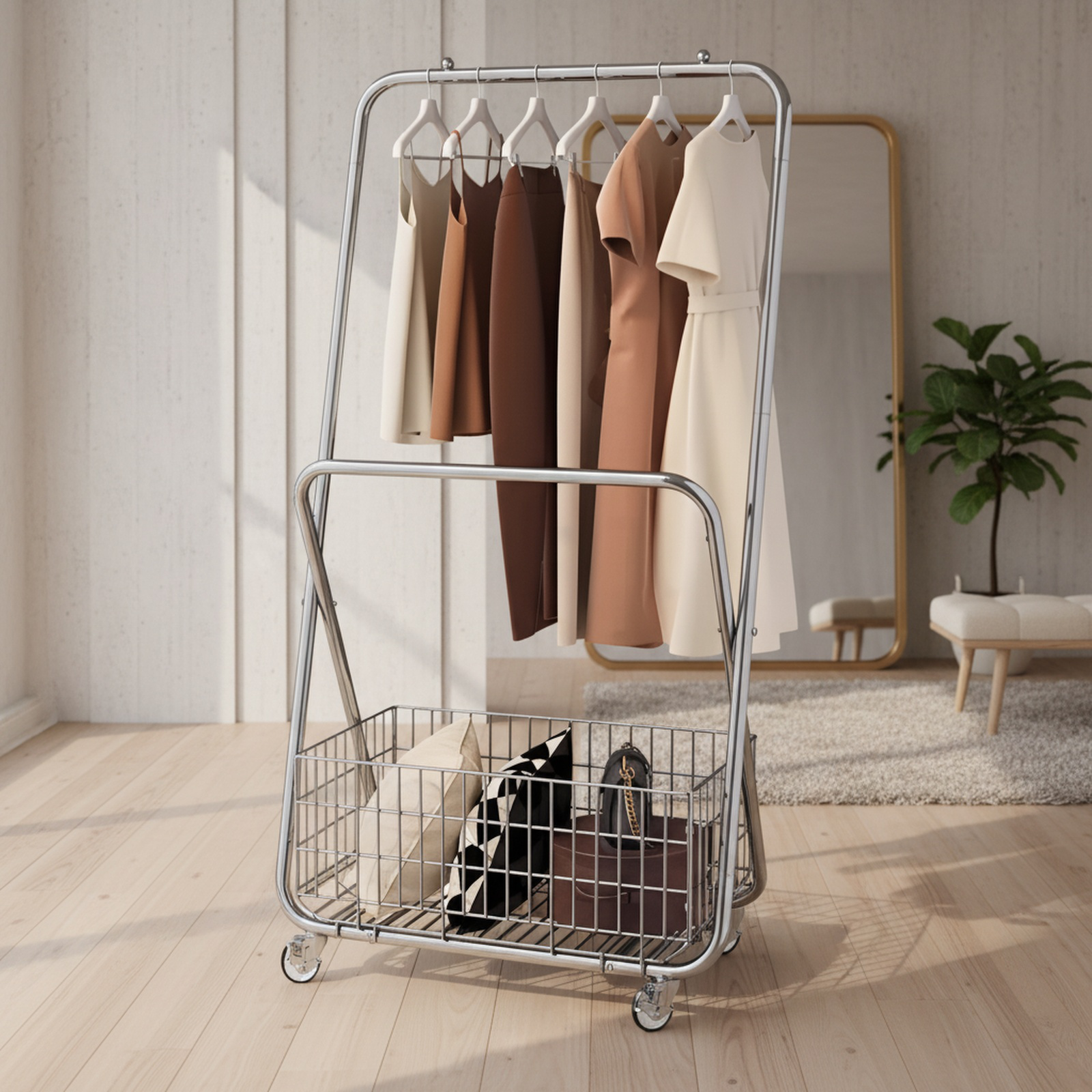 床置き洋服ラック フロアベッドルームコートラック 厚みのある金属製 キャスター付き バルコニー洋服ラック フレーム付き