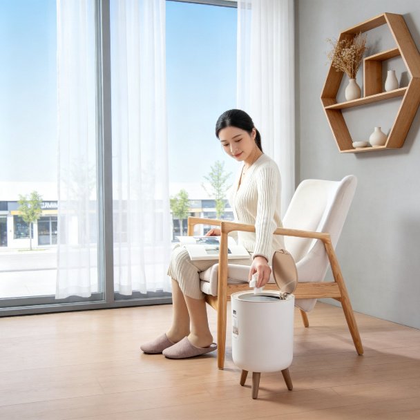 Hochbeiniger Mülleimer im Naturholzstil ohne Bücken