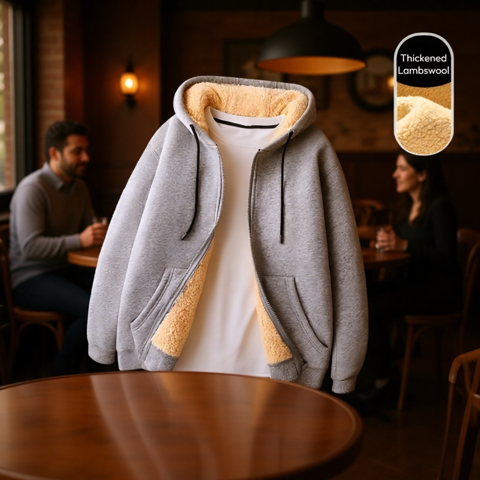 Fleece-Lined Thickened Men's Hoodie Jacket with Lamb Wool Lining