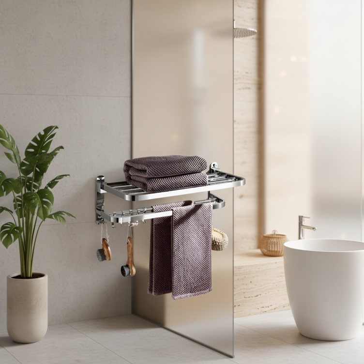 Modern bathroom with wall-mounted towel rack