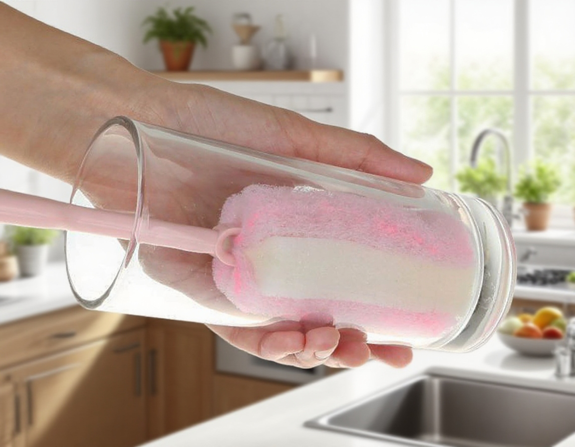 컵 내부를 청소하는 긴 손잡이 브러시