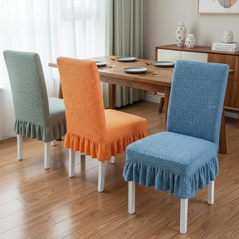 Unique design dining chair cover on wooden chair