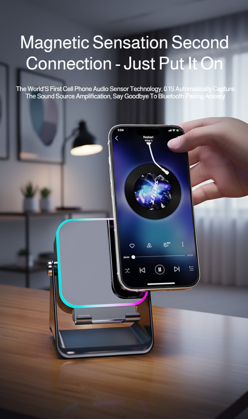 Close-up of phone holder with built-in speaker