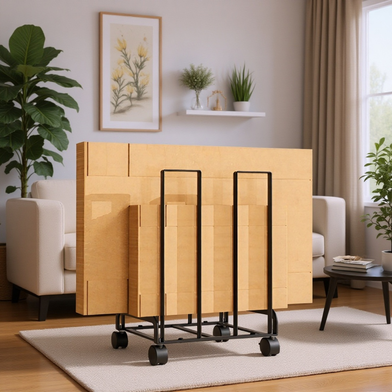 和風キャスター付き移動式段ボール収納ラック雑貨収納カート家庭用倉庫段ボール収納ラック