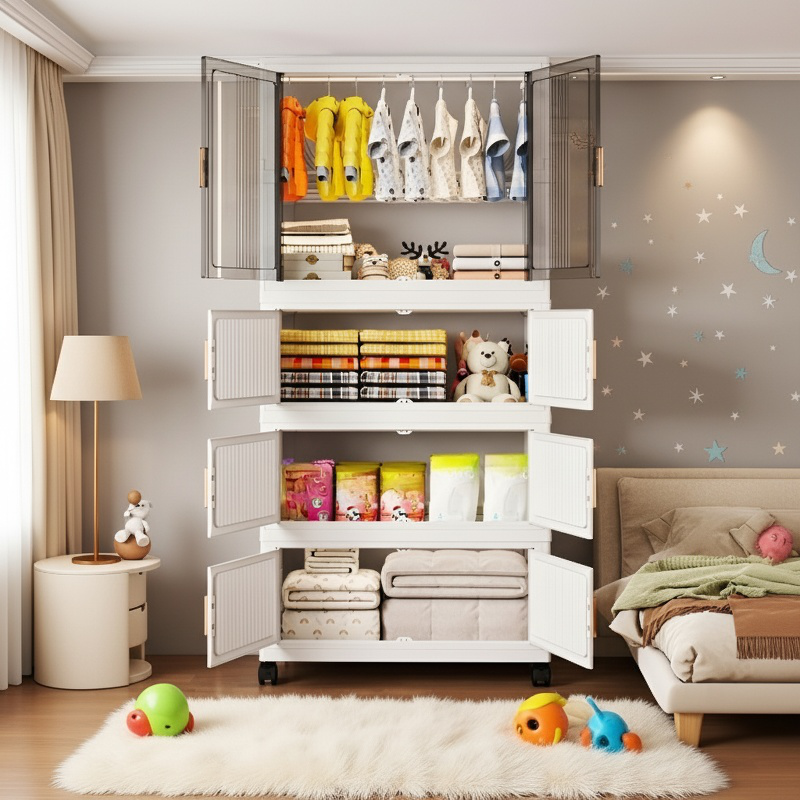 Boîte de rangement pliable en plastique ouverte et remplie d'objets