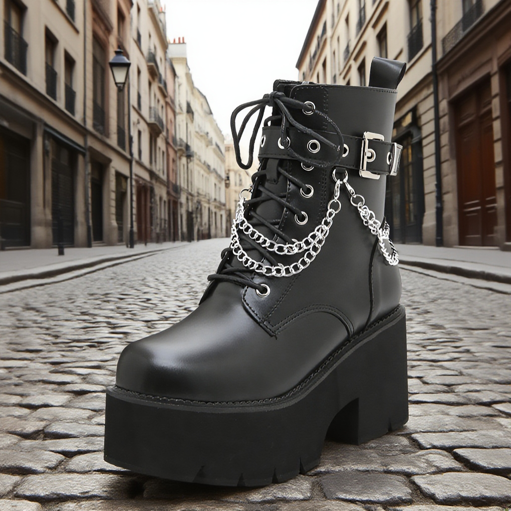 ブラックショートブーツ 太めヒール厚底 サイドジッパー 大きいサイズ レディース