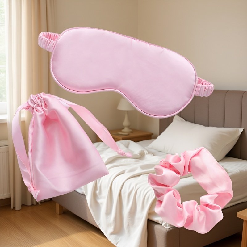 Sada tří kusů - maska na spaní z imitace hedvábí s úložným pytlíkem, vhodná na cestování