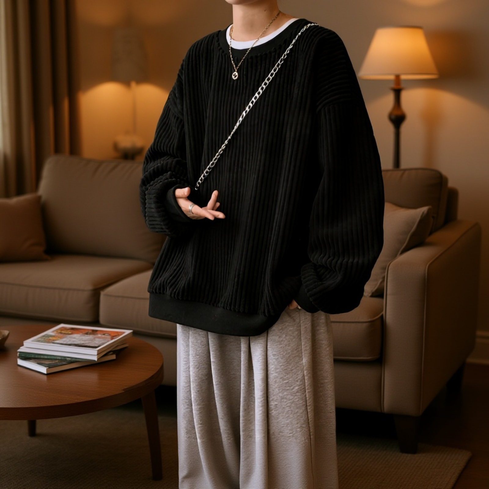 新しいメンズカジュアルスウェットシャツ 和風コーデュロイ ラウンドネック スウェットシャツ プラスベルベット 厚手スウェットシャツ メンズジャケット