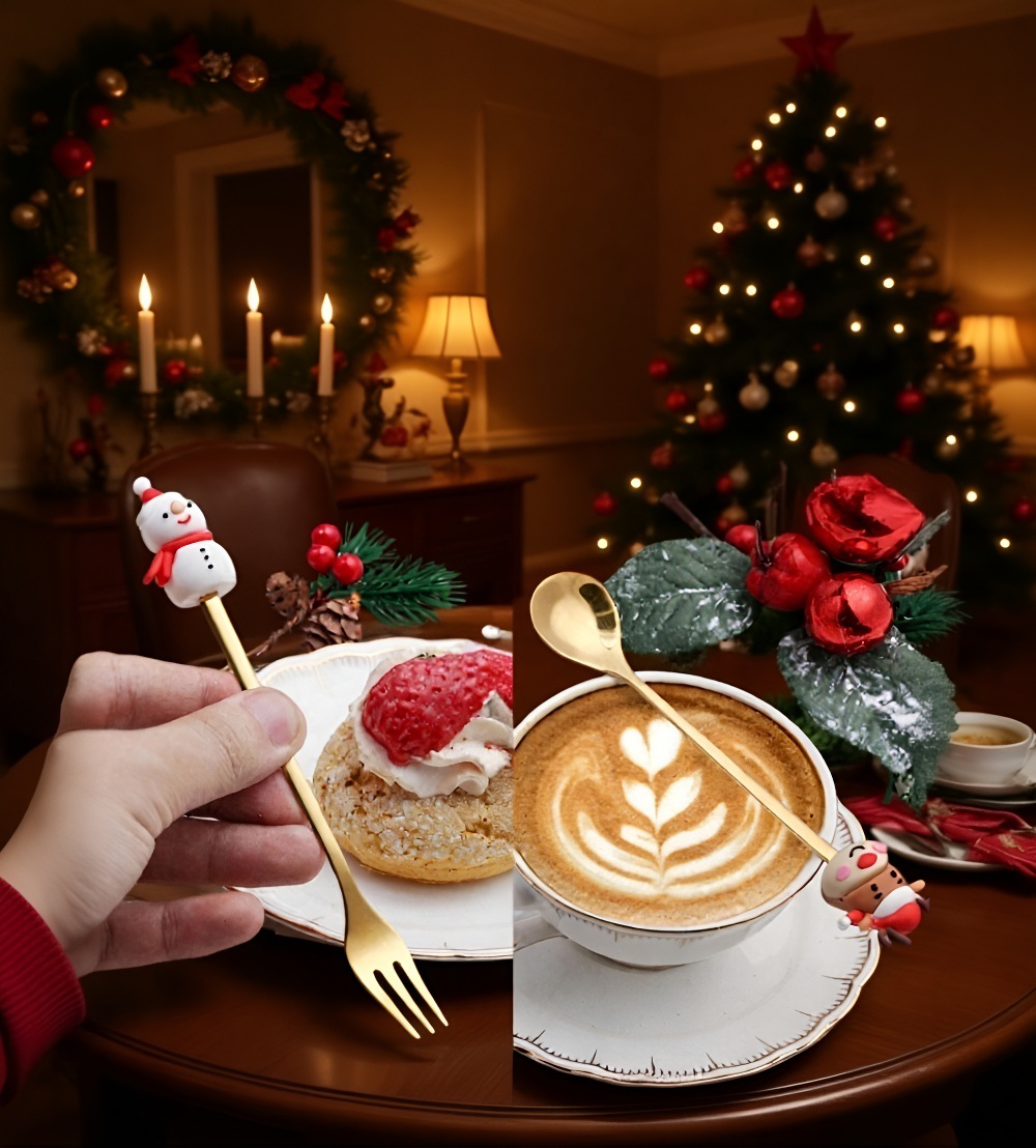 Close-up of Santa and tree design on stainless steel spoon and fork