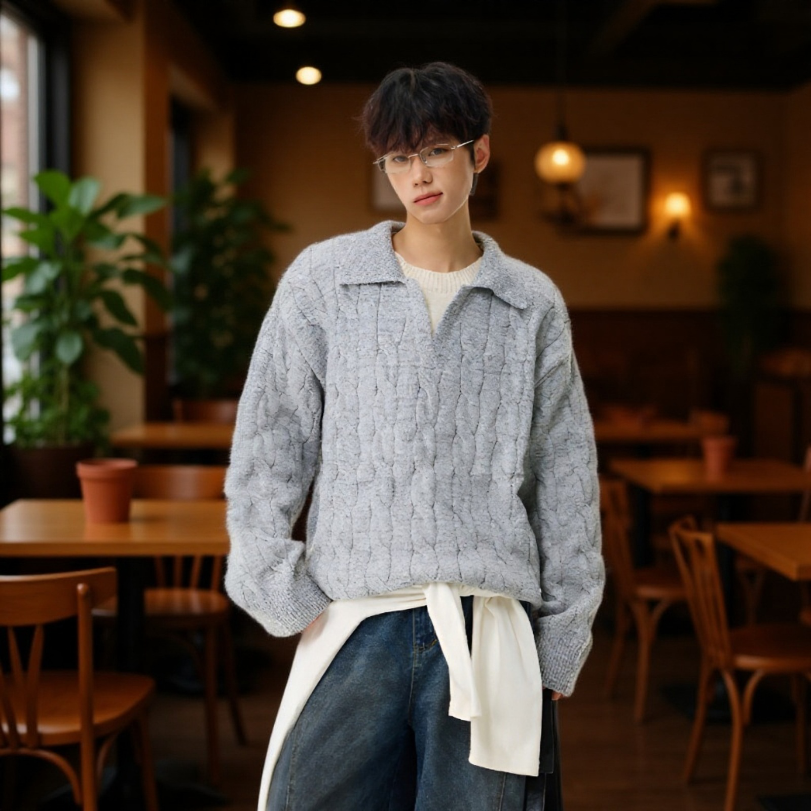 アメリカン風レイヤード風Vネックセーター