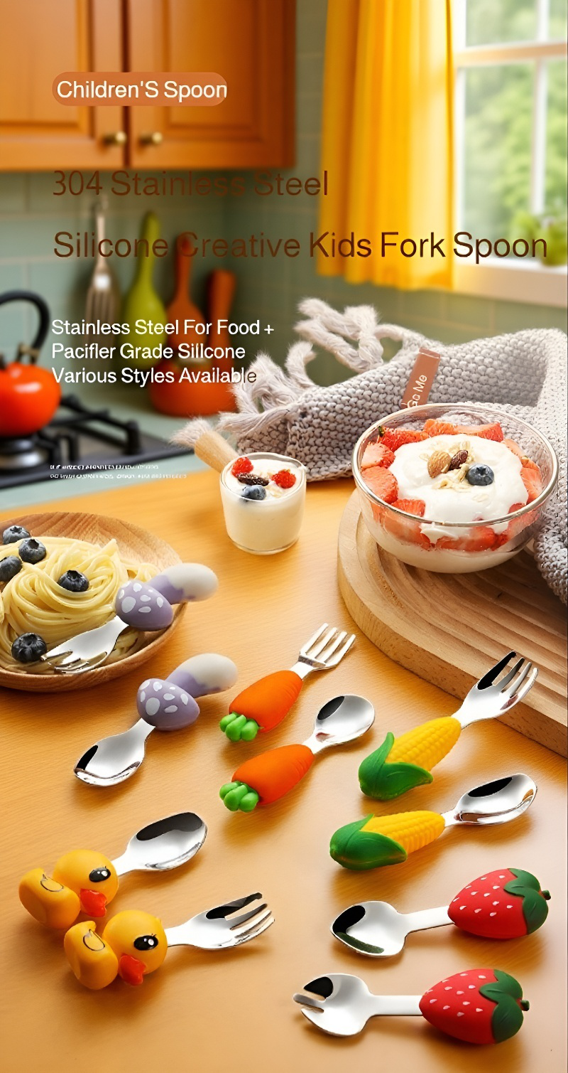 Baby cartoon strawberry spoon and fork set for toddlers