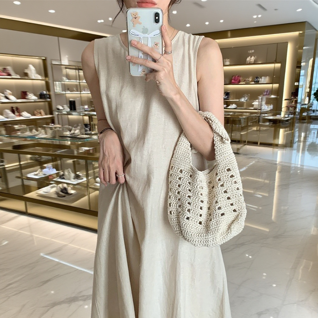 여 여름 햅번 원피스 블랙 등판 펀칭 민소매 롱스커트 시크 유니크 롱스커트