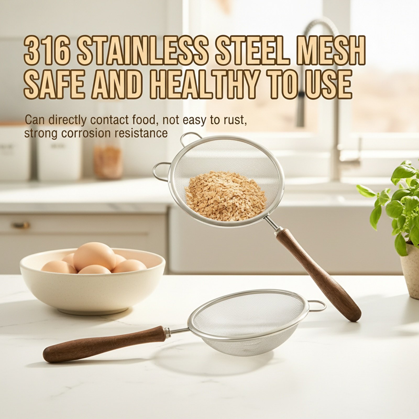Multipurpose Fine Mesh Strainer, Wooden Handle Flour Sieve, Baking Kitchen Filter