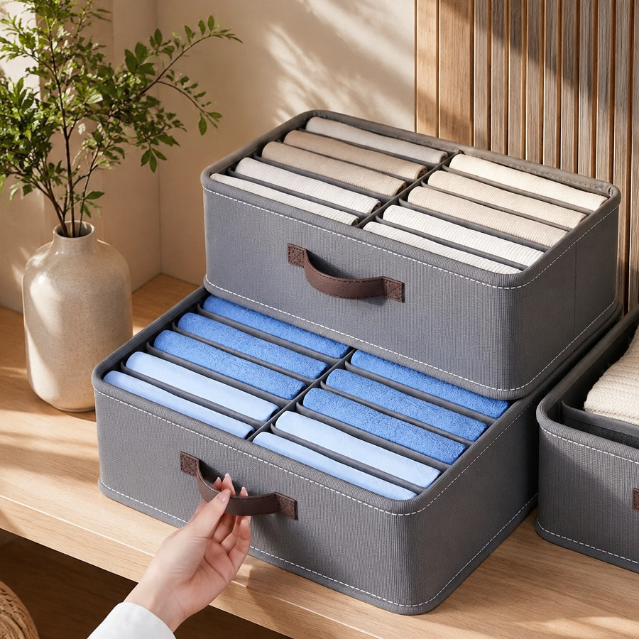 Close-up of spacious drawers on the multifunctional shelf