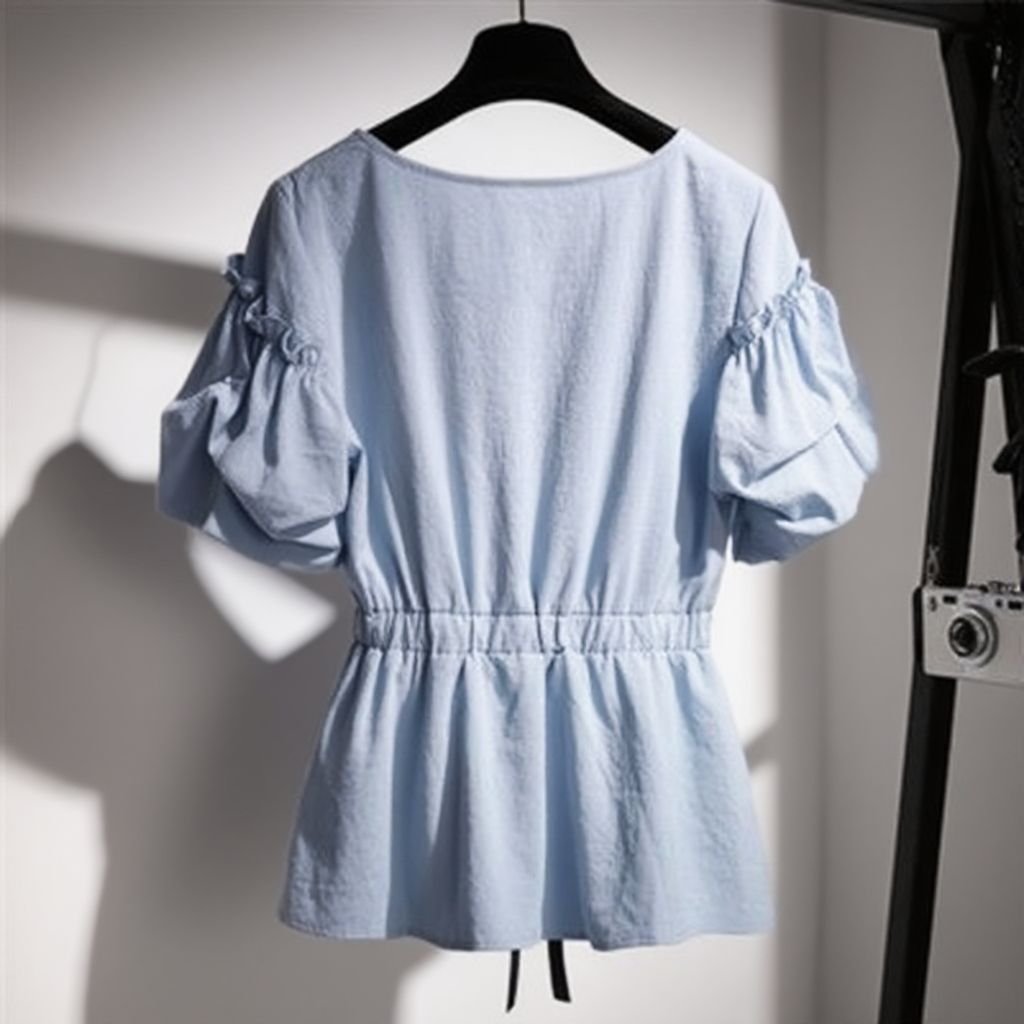 ブラウス  Tシャツ リネン Vネック リボン付き バルーンスリーブ フレア aライン きれいめ