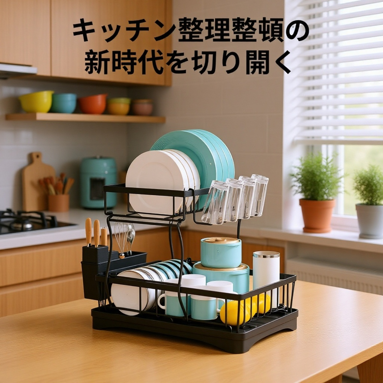 キッチンに設置された食器水切りラックの全体画像