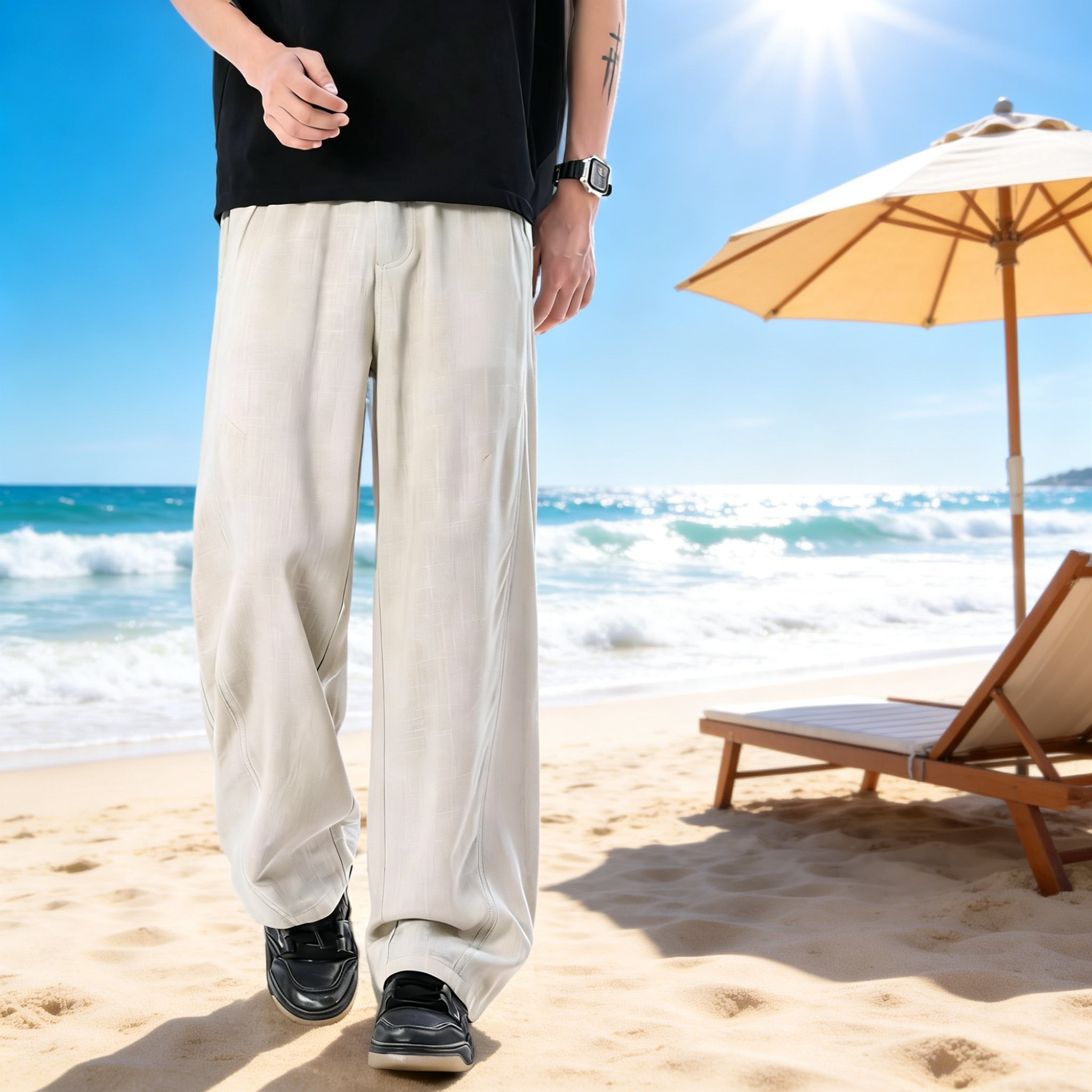 쿨링 속건 린넨 남성 와이드 팬츠 봄여름 통기성 루즈핏 롱팬츠