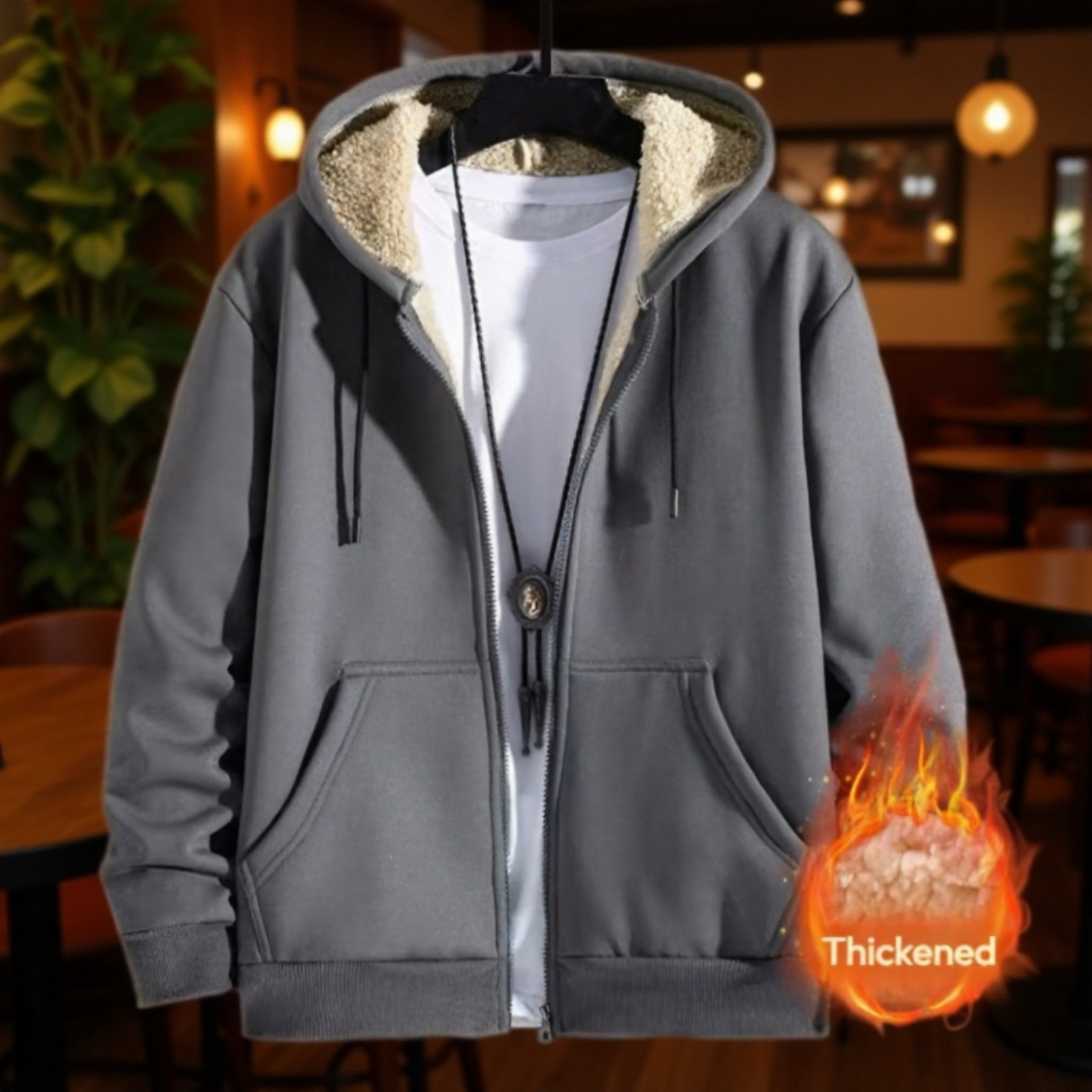 Fleece-Lined Thickened Men's Hoodie Jacket with Lamb Wool Lining
