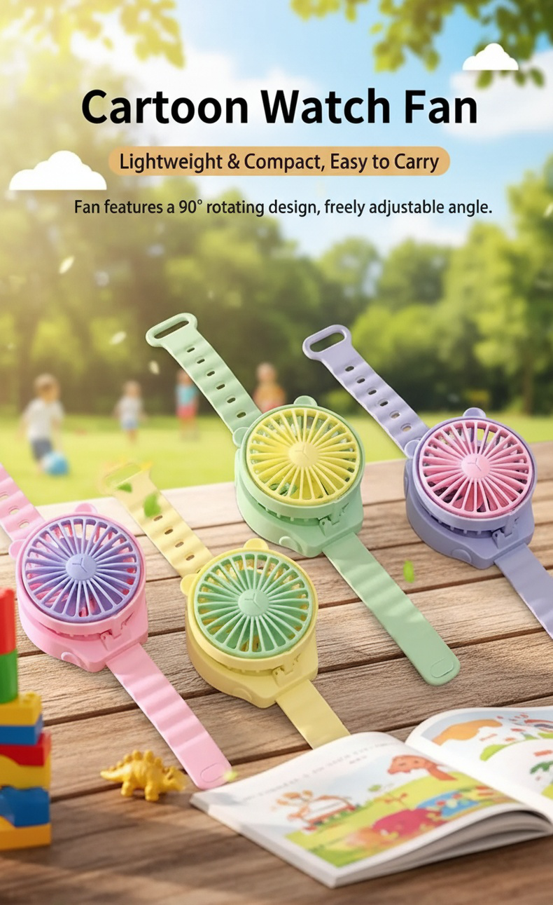 Portable Mini Cartoon Wristwatch Fan on a child's wrist