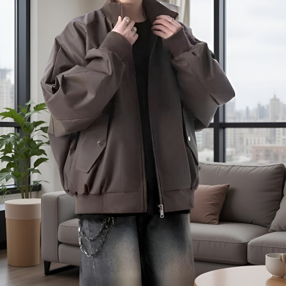 アメリカンスタイルのブラウンのモーターサイクルレザージャケット、暖かくて軽量なメンズアビエイターコート、ゆったりとしたスタンドカラーのベースボールジャケット、秋冬メンズウェア。